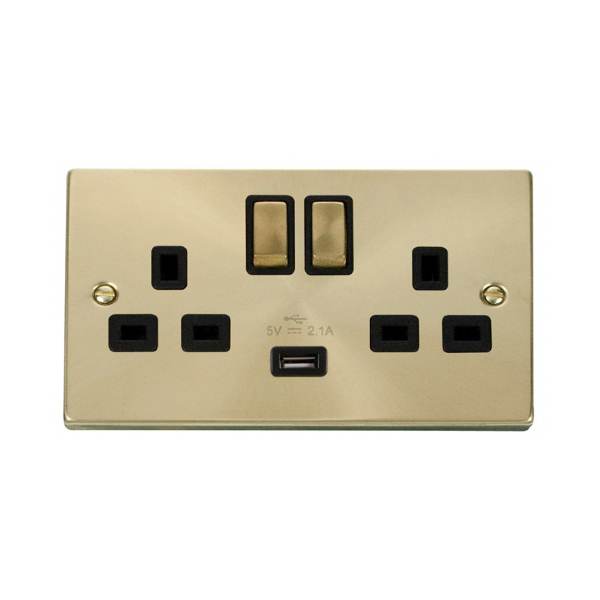 Click VPSB570BK 13A 2 Gang Switched Satin Brass Socket with USB