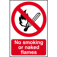 PVC SELF ADH SIGN 300mm WIDE x 200mm NO SMOKING OF NAKED FLAMES 0555