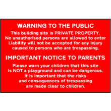 PVC SELF ADH SIGN 600mm WIDE x 400mm BUILDING SITE WARNING TO PUBLIC.... 4251