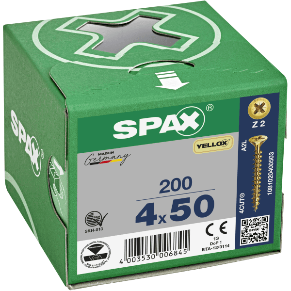 Spax-S Pozi Flat Countersunk Zinc/Yellow 4.0 x 50 (Box 200)