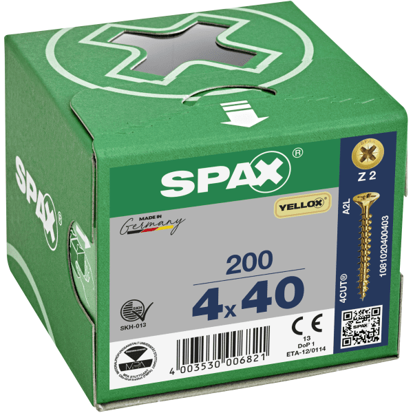 Spax-S Pozi Flat Countersunk Zinc/Yellow 4.0 x 40 (Box 200)