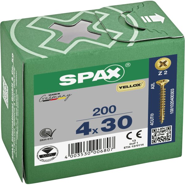 Spax-S Pozi Flat Countersunk Zinc/Yellow 4.0 x 30mm (Box 200)
