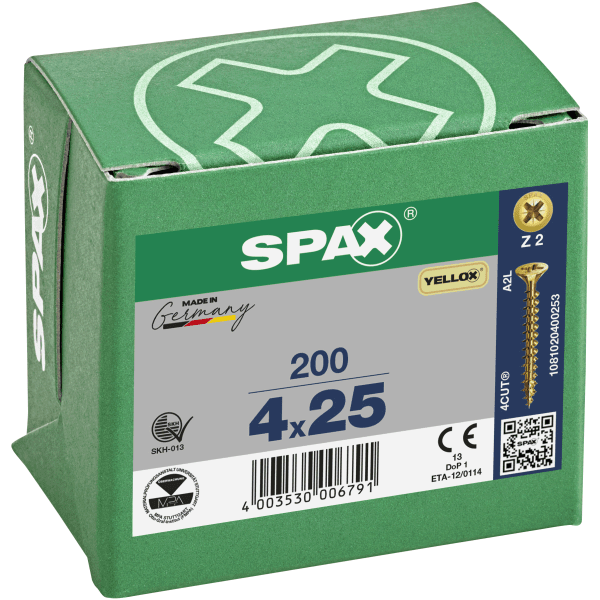 Spax-S Pozi Flat Countersunk Zinc/Yellow 4.0 x 25mm (Box 200)