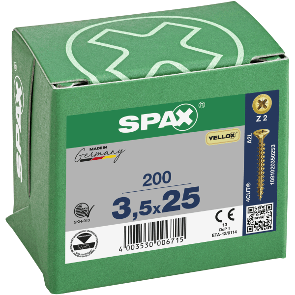 Spax-S Pozi Flat Countersunk Zinc/Yellow 3.5 x 25mm (Box 200)