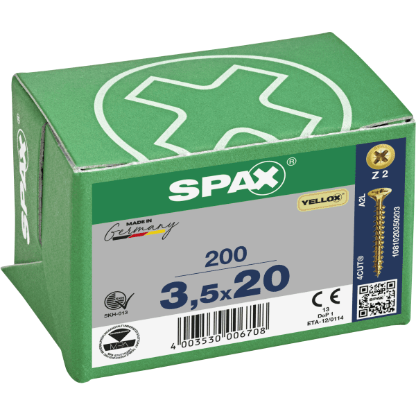 Spax-S Pozi Flat Countersunk Zinc/Yellow 3.5 x 20mm (Box 200)
