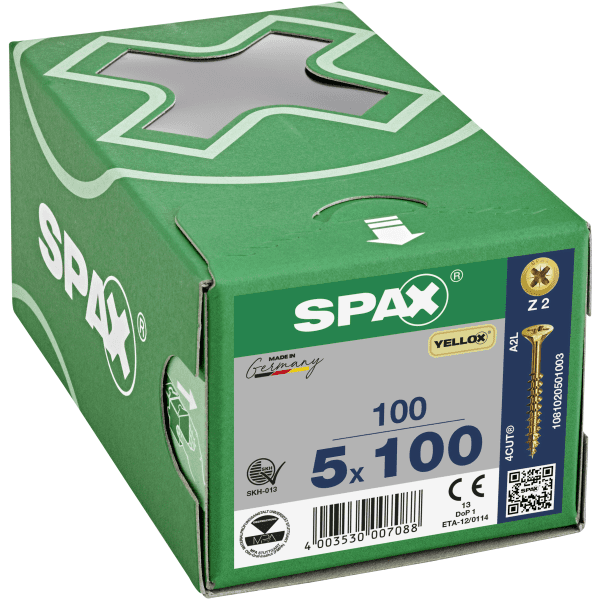 Spax-S Pozi Flat Countersunk Zinc/Yellow 5.0 x 100mm (Box 100)