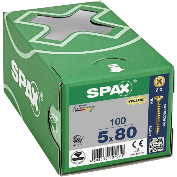 Spax-S Pozi Flat Countersunk Zinc/Yellow 5.0 x 80mm (Box 100)