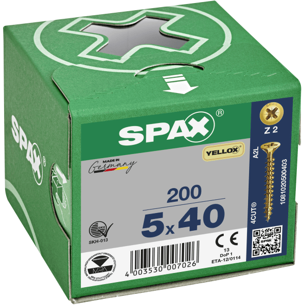Spax-S Pozi Flat Countersunk Zinc/Yellow 5. 0 x 40mm (Box 200)